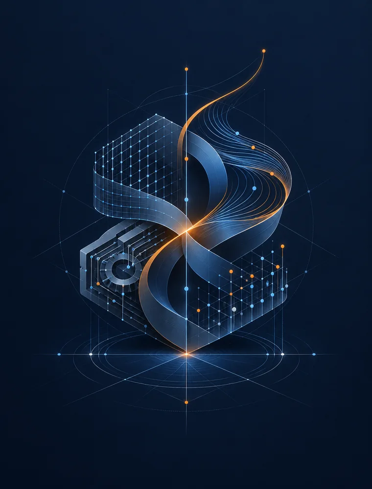 Interwoven system forms connect a strategic foundation to an upward growth path, representing strategy, technology, and execution working together.