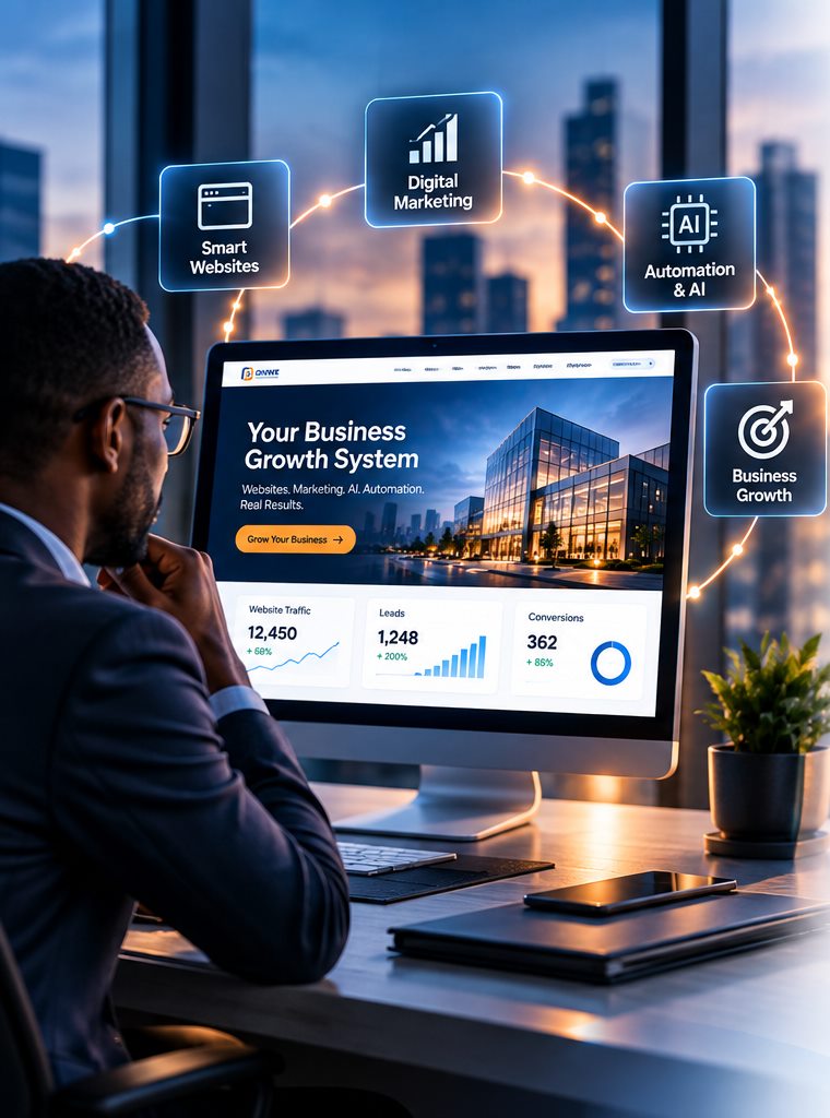 Business leader reviewing a digital growth dashboard with connected website, marketing, automation, and business growth indicators.