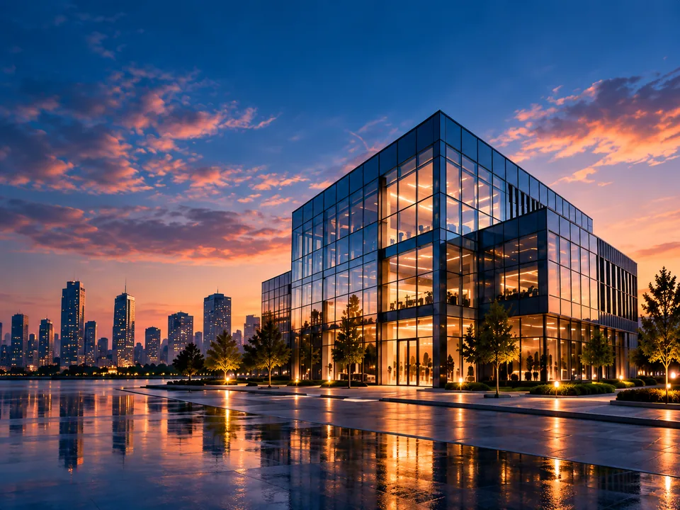 Modern glass business building and city skyline in blue and orange evening light.